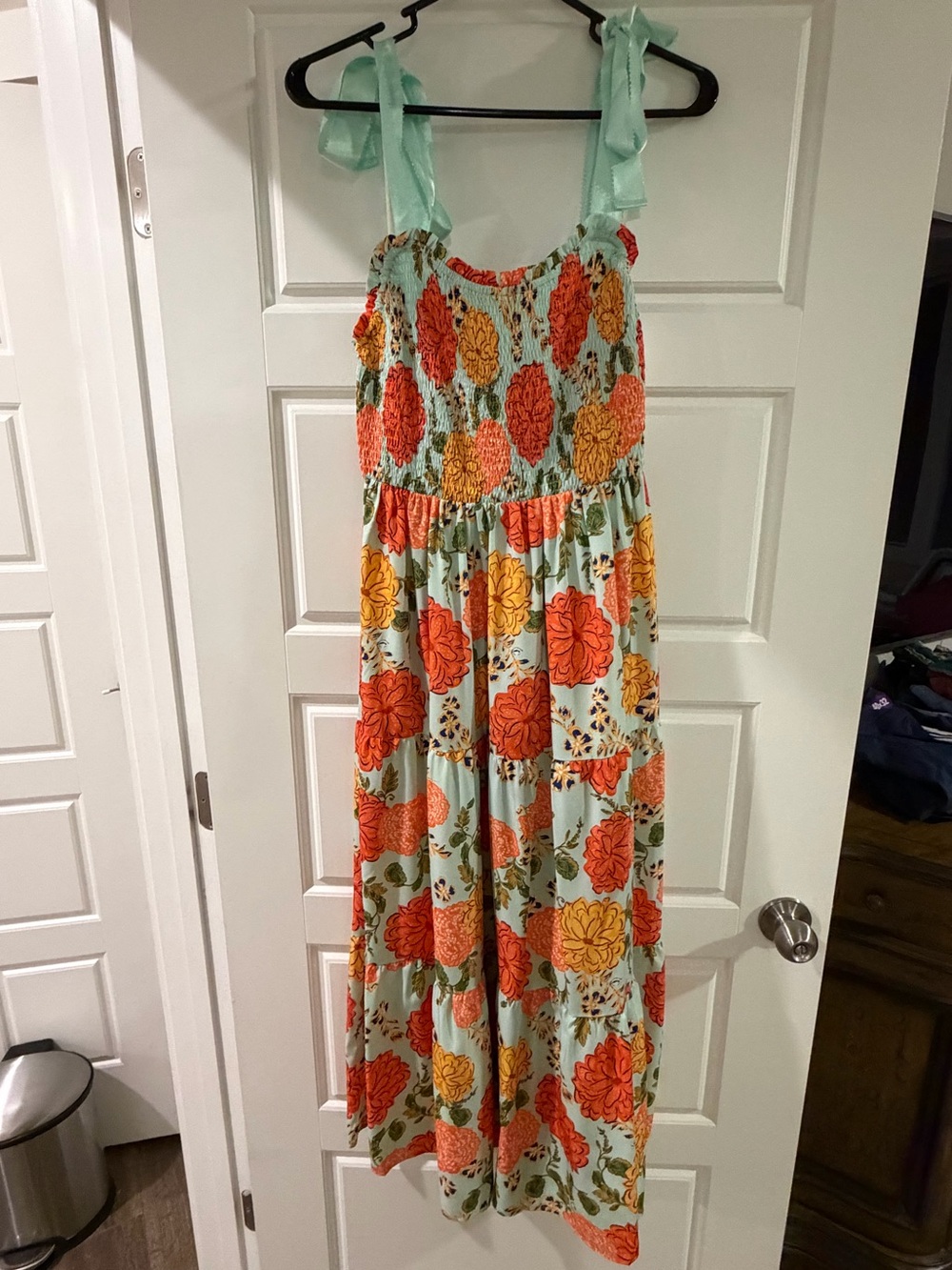 Umgee Mint Bow-strap Tiered Dress with Orange & Yellow Floral Print